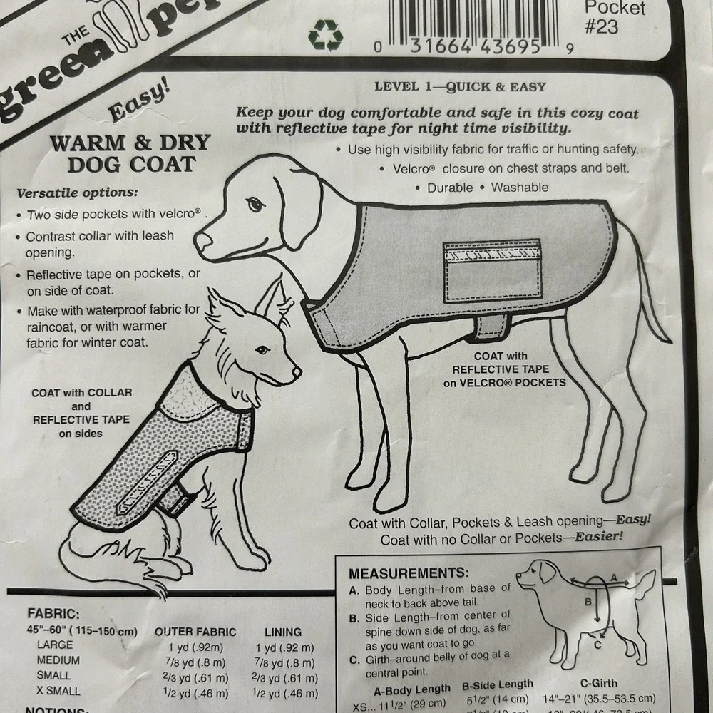 The Green Pepper Quick And‎ Easy Dog Jacket Sewing Pattern XS- L Uncut